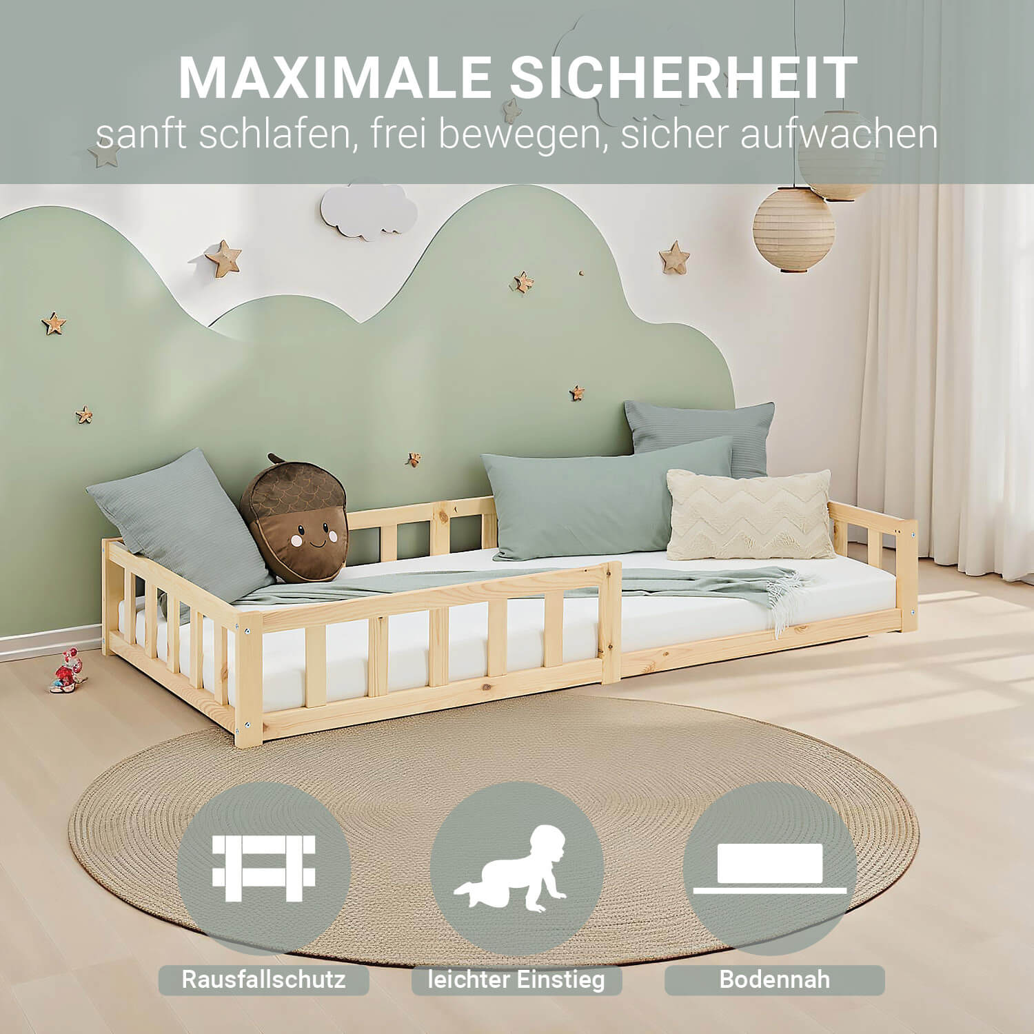 kinderbett 90x200 natur bodenbett montessori mit lattenrost und rausfallschutz