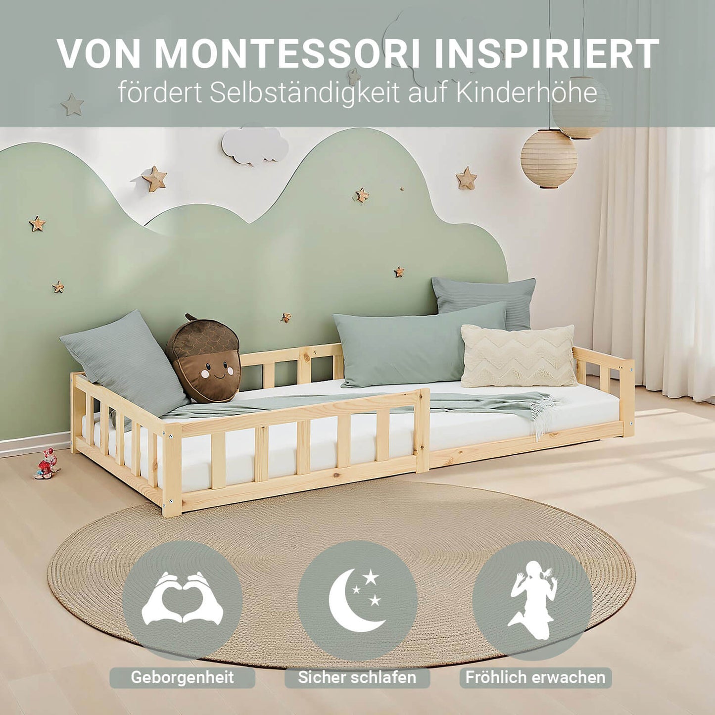 kinderbett 90x200 natur bodenbett montessori mit lattenrost und rausfallschutz