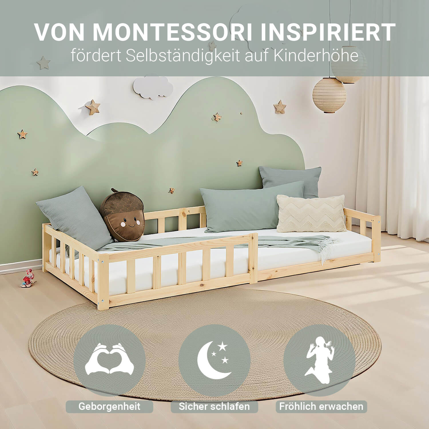 kinderbett 90x200 natur bodenbett montessori mit lattenrost und rausfallschutz