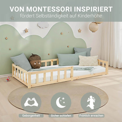 kinderbett 90x200 natur bodenbett montessori mit lattenrost und rausfallschutz
