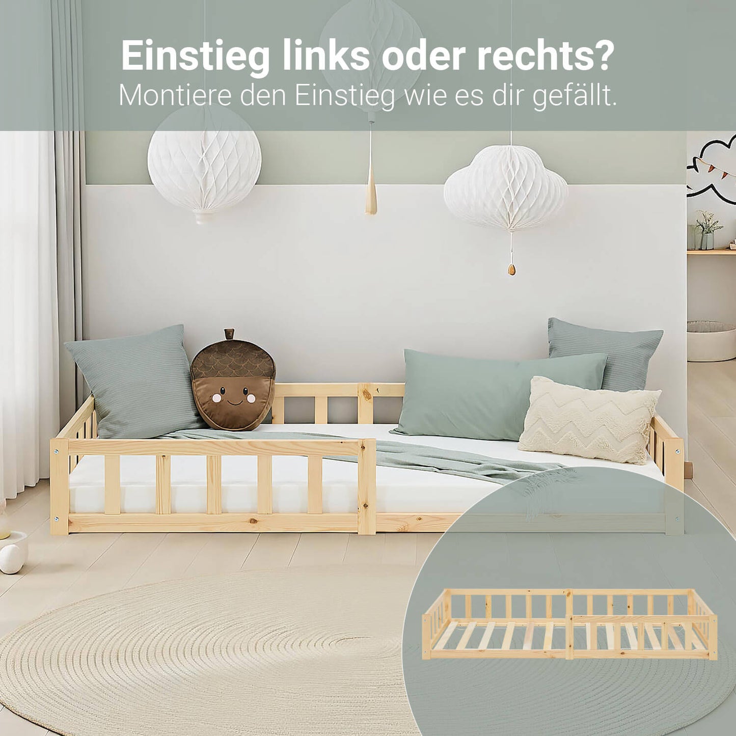 kinderbett 90x200 natur bodenbett montessori mit lattenrost und rausfallschutz