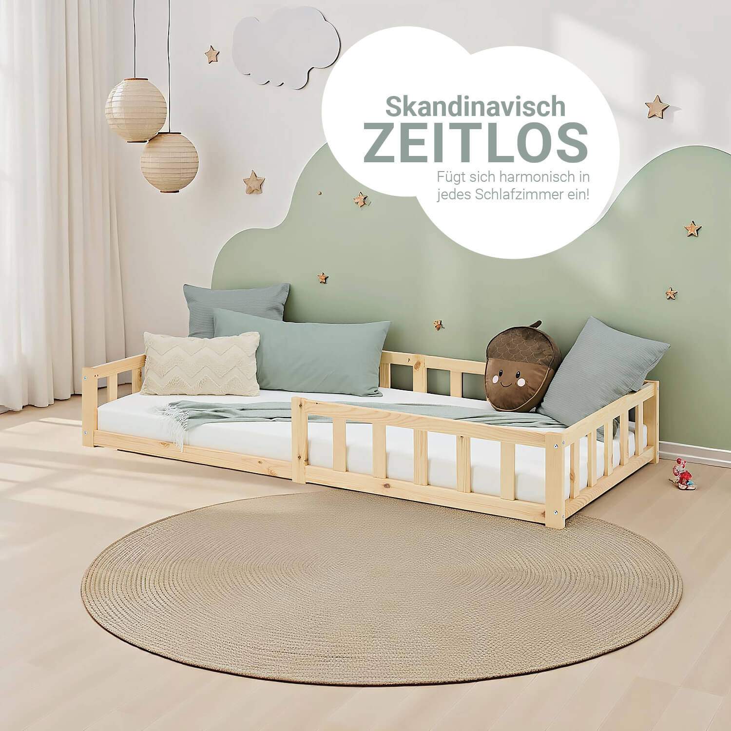 kinderbett 90x200 natur bodenbett montessori mit lattenrost und rausfallschutz