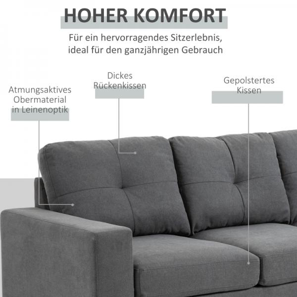 Ecksofa im Skandidesign, mit Knopfheftung, Massivholz, Leinenoptik, Grau - Palo24