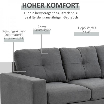 Ecksofa im Skandidesign, mit Knopfheftung, Massivholz, Leinenoptik, Grau - Palo24