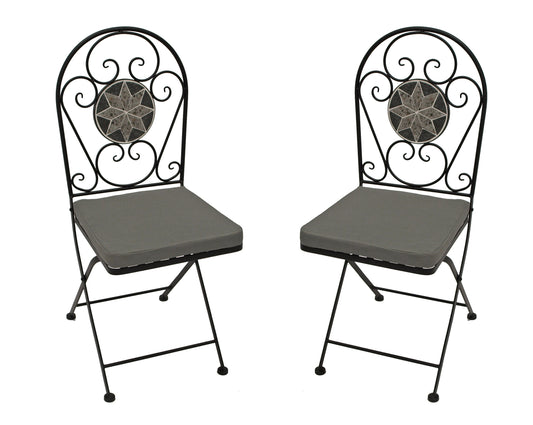 Chaise pliante SIENA, fer noir + mosaïque gris/blanc, 2 pièces, avec coussins