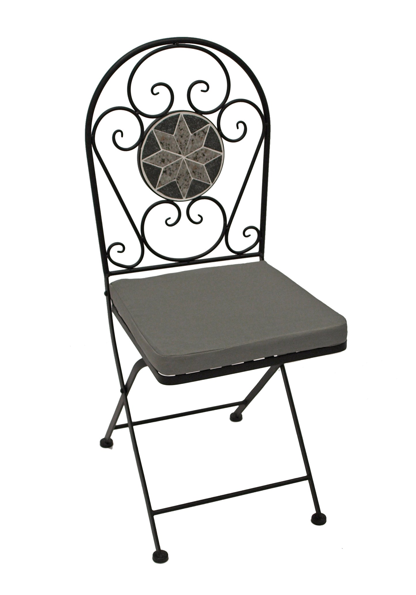 Chaise pliante SIENA, fer noir + mosaïque gris/blanc, 2 pièces, avec coussins