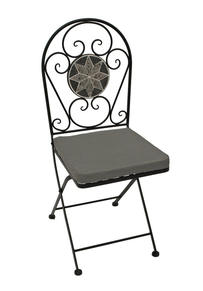 Chaise pliante SIENA, fer noir + mosaïque gris/blanc, 2 pièces, avec coussins