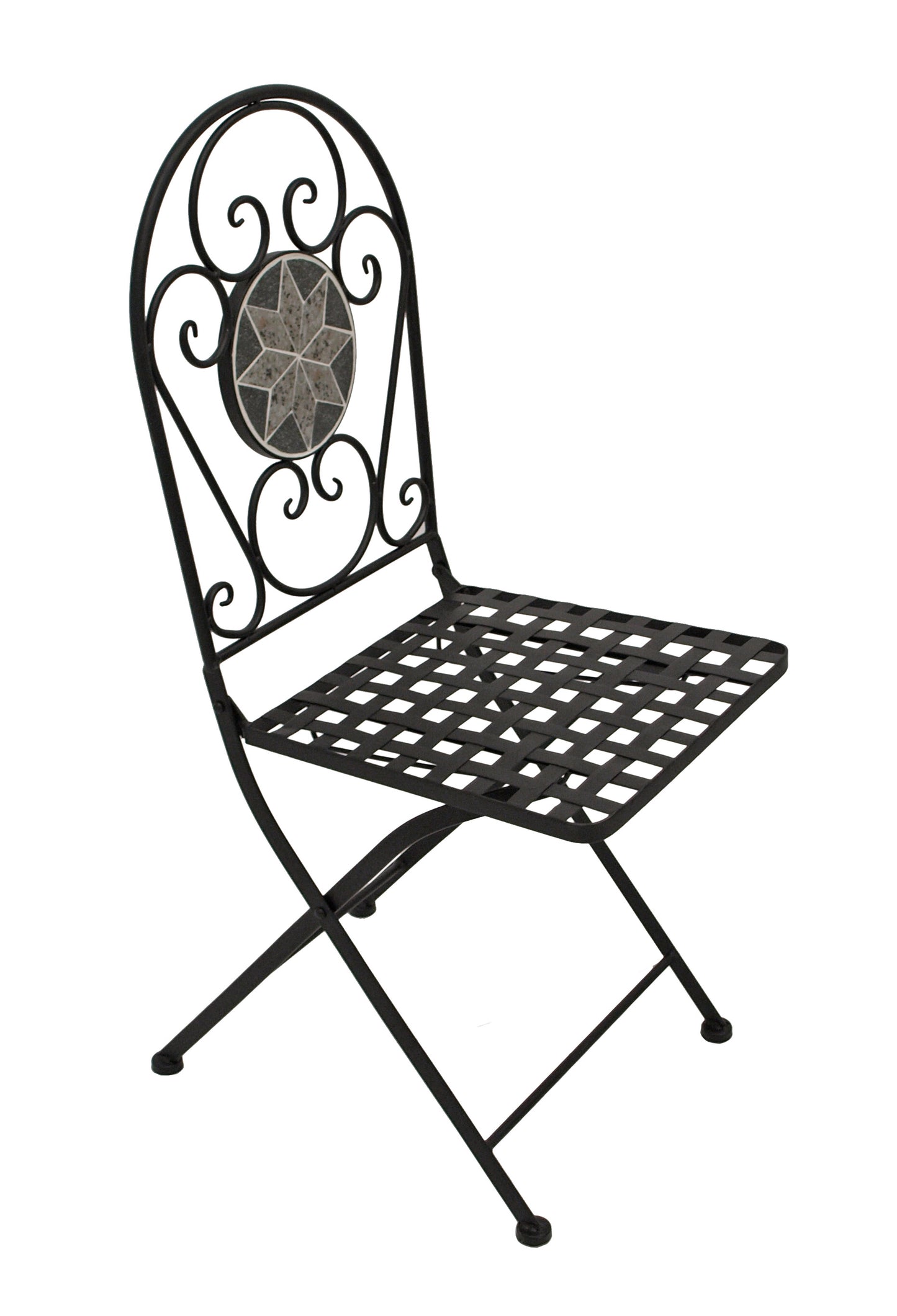 Chaise pliante SIENA, fer noir + mosaïque gris/blanc, 2 pièces, avec coussins