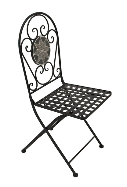 Chaise pliante SIENA, fer noir + mosaïque gris/blanc, 2 pièces, avec coussins