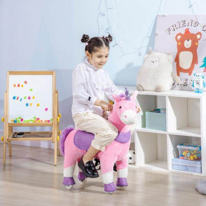 Schaukelpferd Einhorn 4 Rollen 2 Pedale gepolsterter Sattel Pink + Lila + Weiss - Palo24