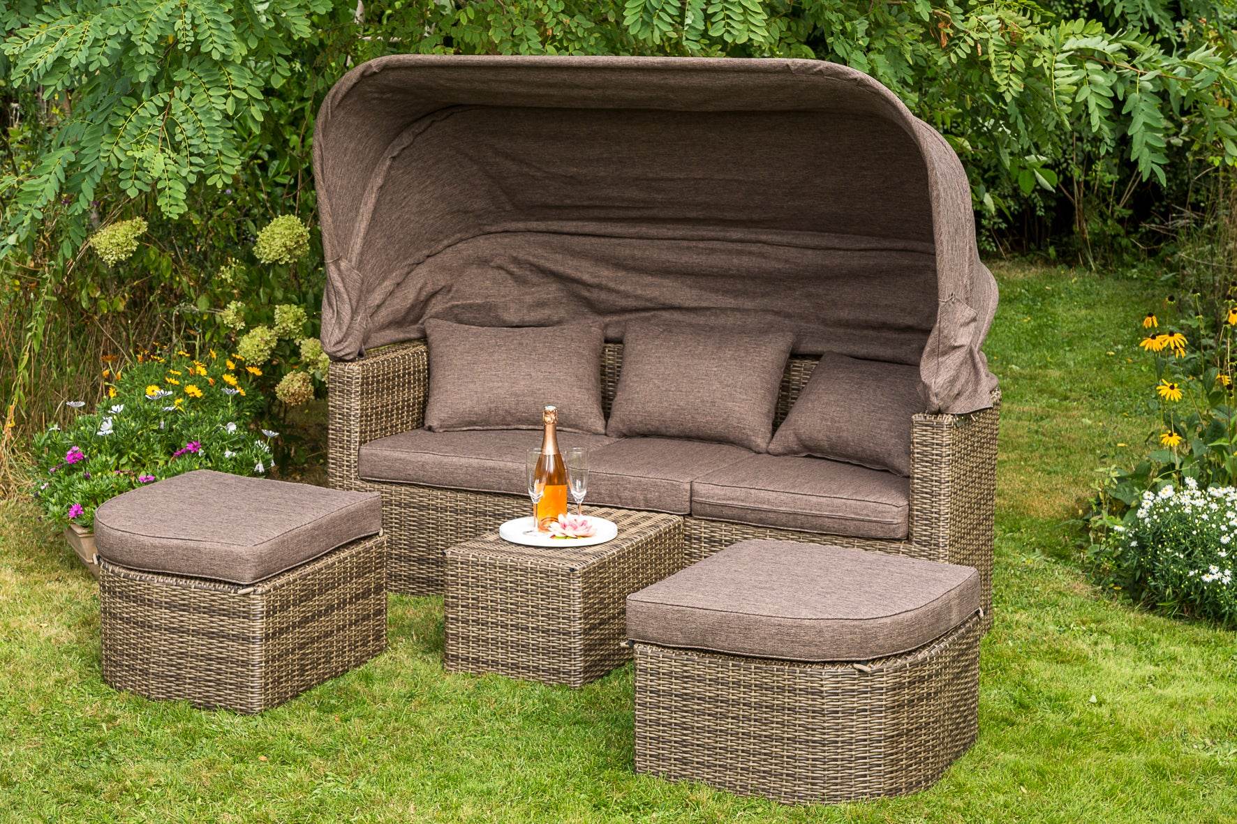 Liegeinsel RENNES Stahl Polyrattan natur, Polster taupe - Palo24