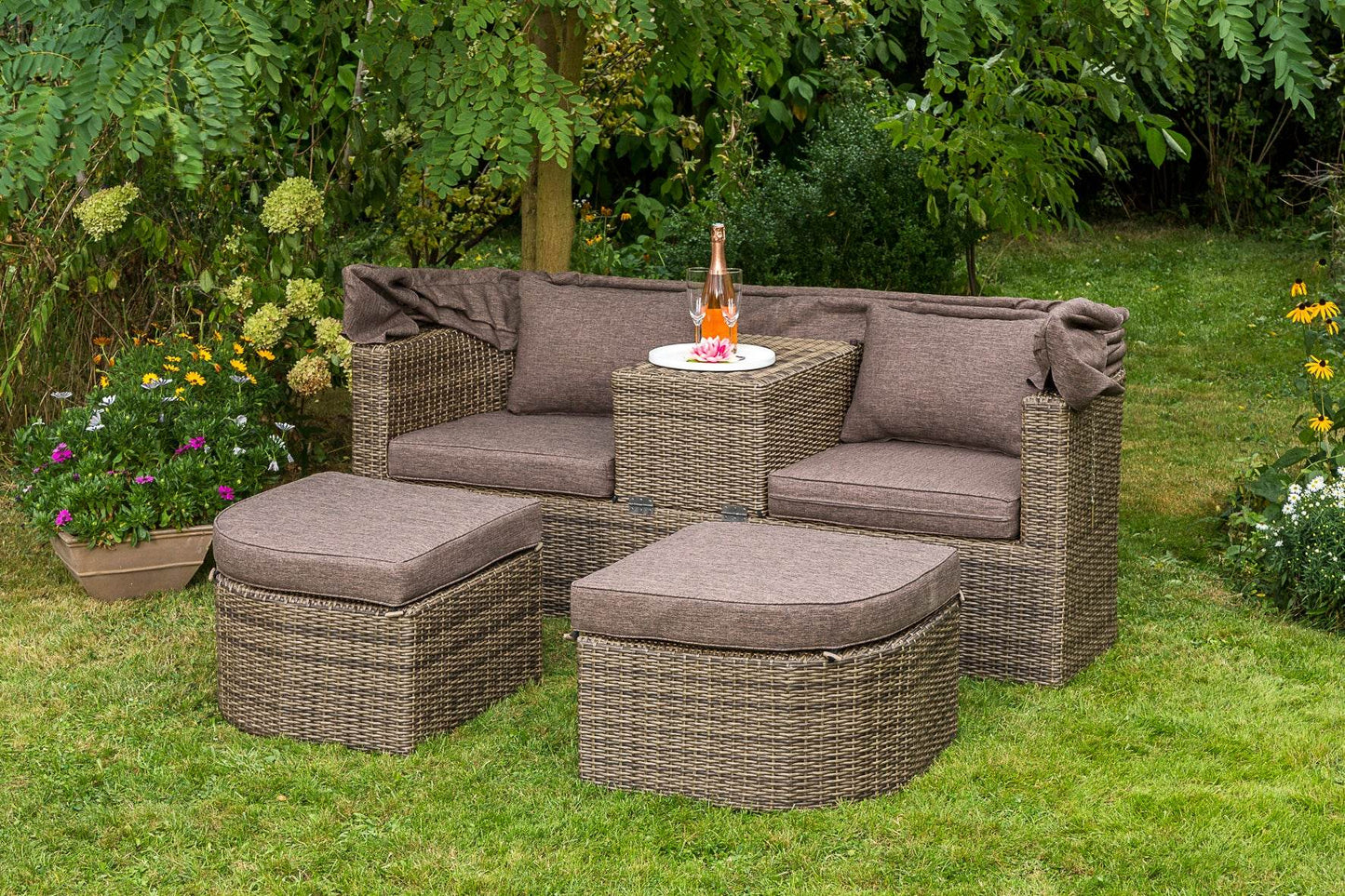 Liegeinsel RENNES Stahl Polyrattan natur, Polster taupe - Palo24