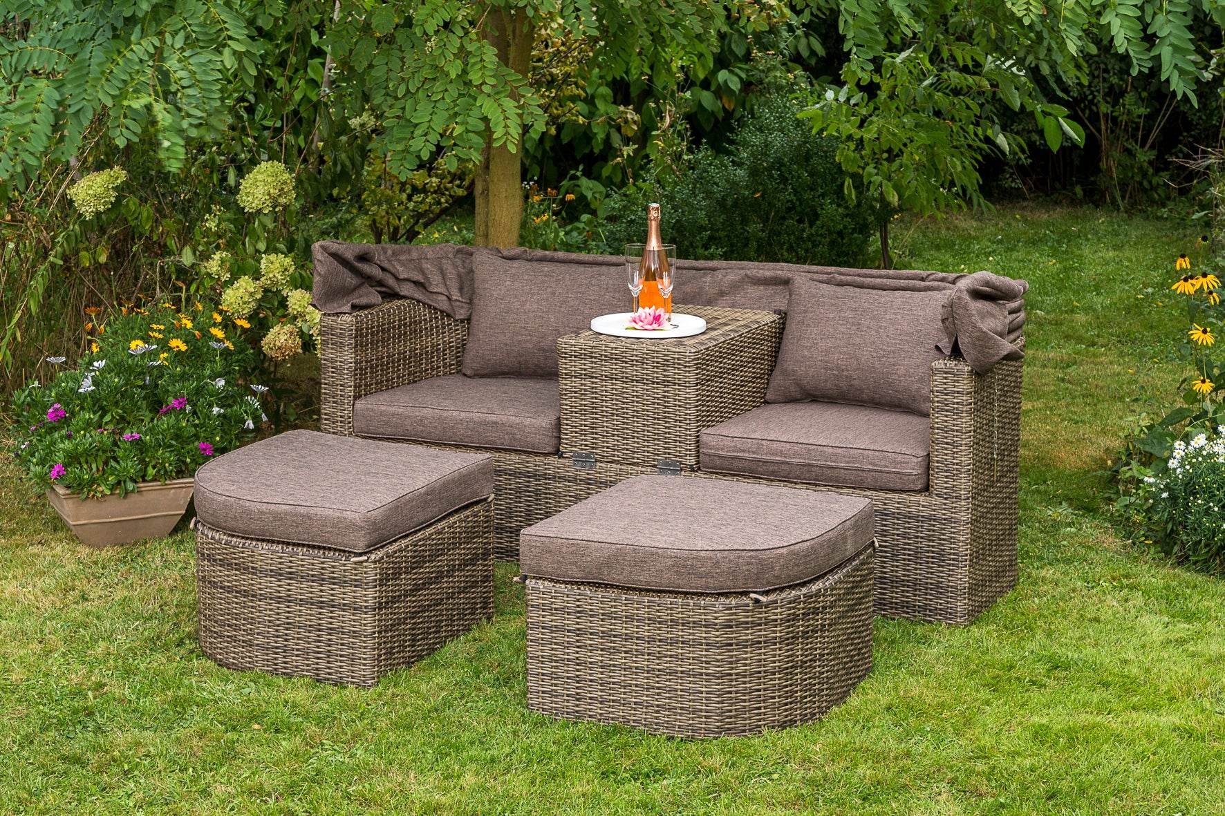 Liegeinsel RENNES Stahl Polyrattan natur, Polster taupe - Palo24