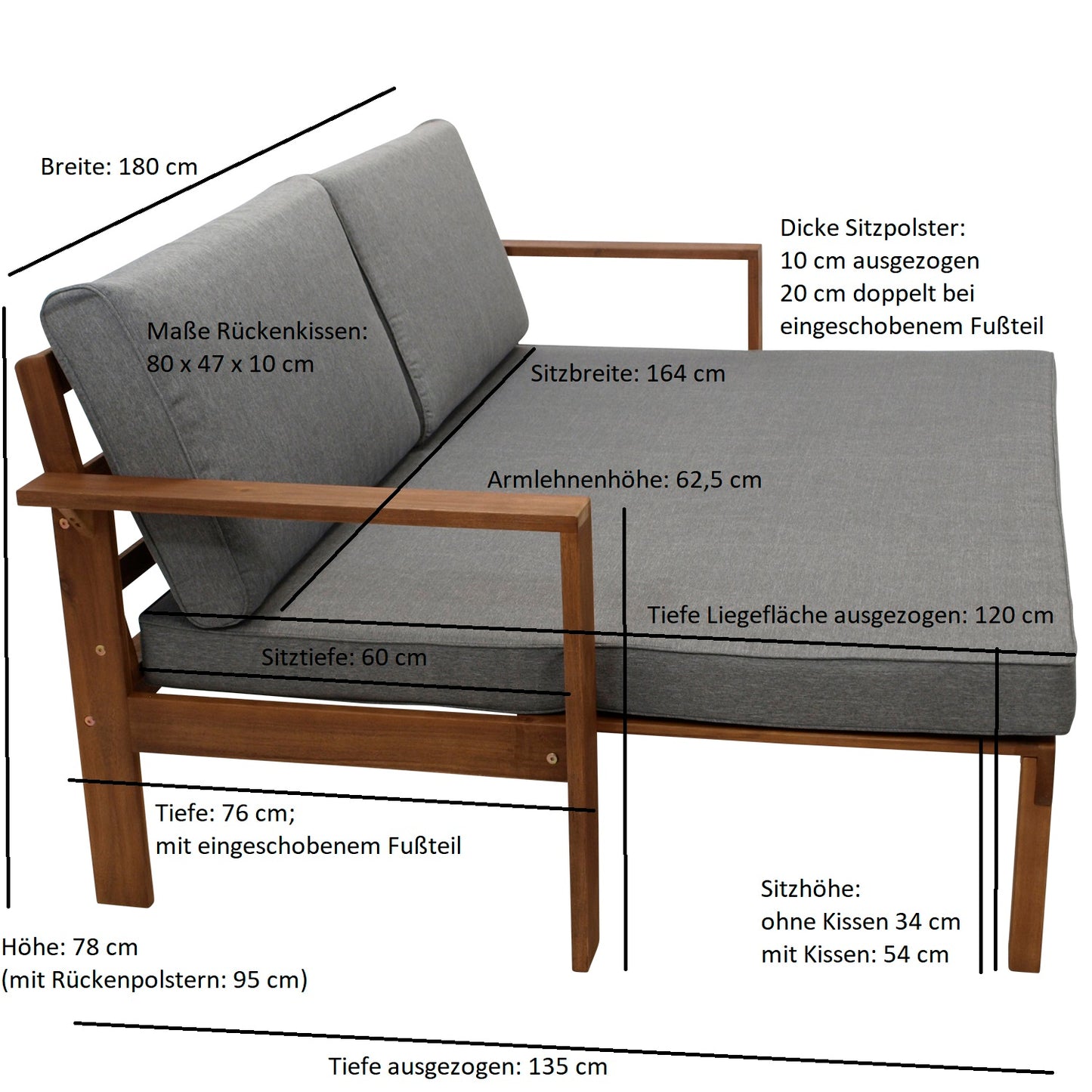 Liegesofa BELIZE ausziehbar 180x135cm, Akazie geölt, mit Auflagen grau