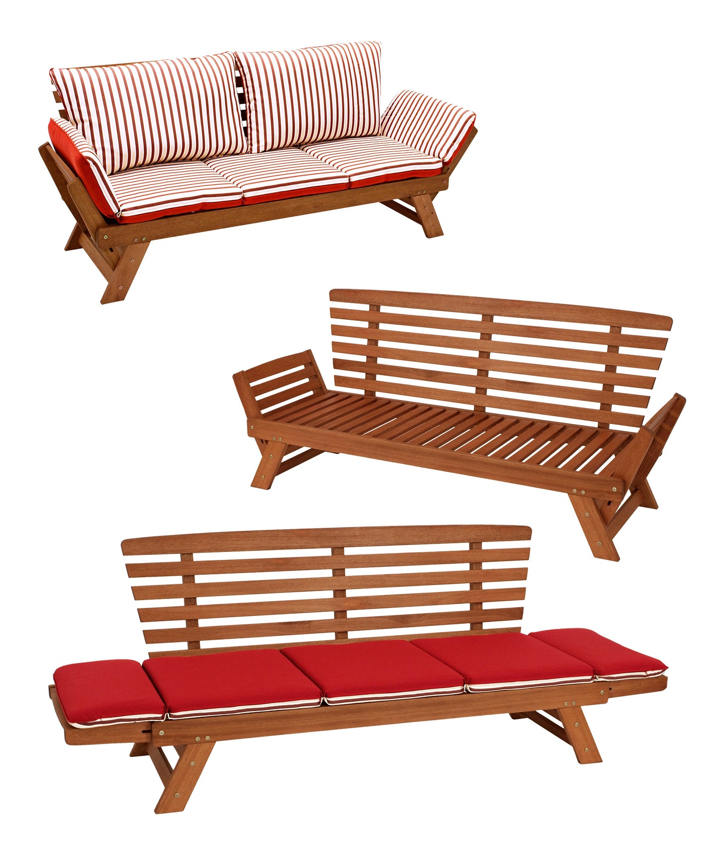 Liegesofa TIROL 202cm, Eukalyptus geölt, Wendeauflage Auflage rot beige