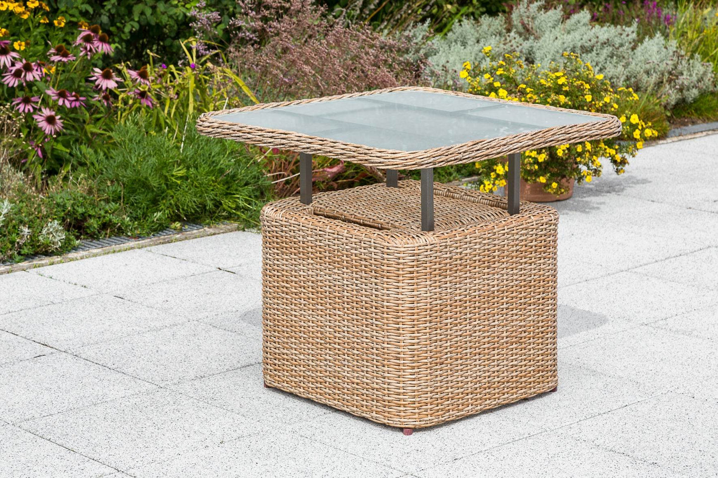 Loungetisch VENETO 72x72cm Stahl + Polyrattan natur, höhenverstellbar - Palo24