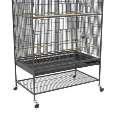 Cage à oiseaux comprenant perchoirs, jouets pour oiseaux, plateau de base amovible, 1 étagère, gris