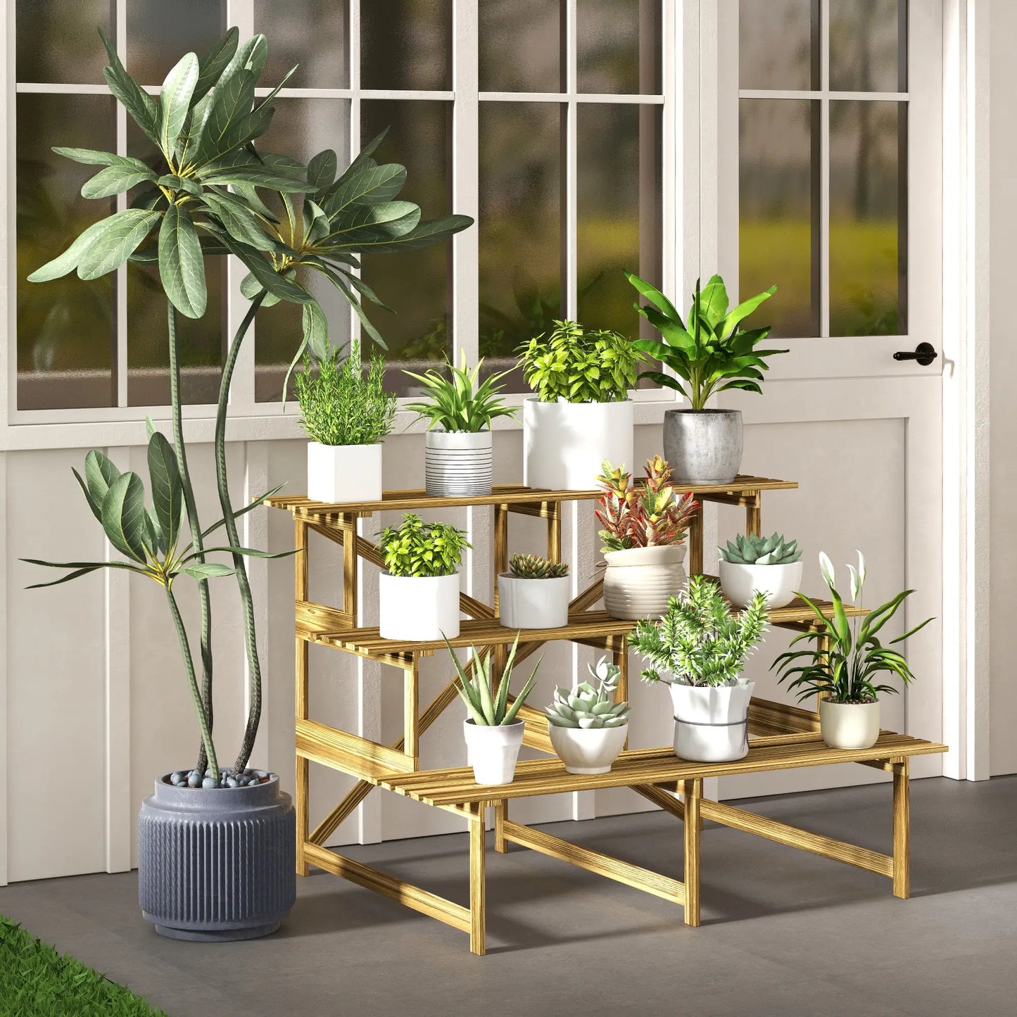 Etagère à fleurs escalier plante bois de sapin 3 marches L120 x L80 x H80cm