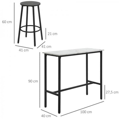 Set da bar per 2 persone, 1 tavolo con 2 sgabelli da bar, piano del tavolo in effetto marmo bianco, struttura in acciaio