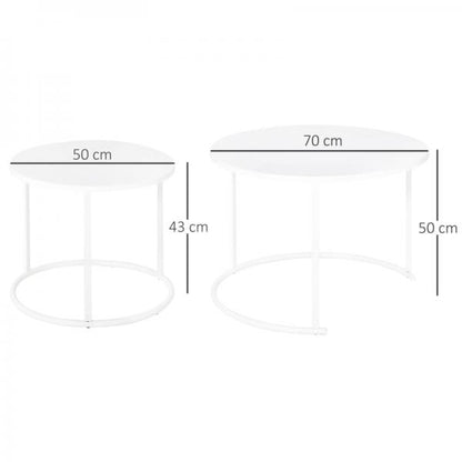 Beistelltisch, 2er Set, Garten Couchtisch, Kaffeetisch mit erhöhten Kanten, Metall Weiss, Ø70 x 50 cm