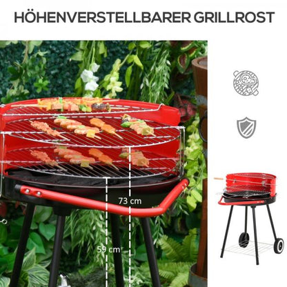 Holzkohlegrill auf Rollen Rundgrill Standgrill Holzkohle Rost BBQ Metall Rot