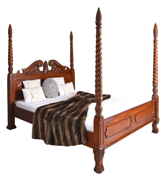 Himmelbett „VILLA ELEONORE“ – Mahagoni Ehebett mit Säulen (160×200 cm, Antik) - Palo24