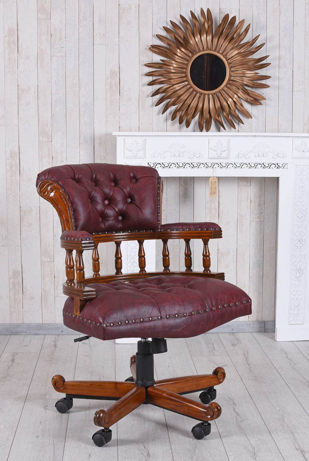 Englischer Chefsessel Bürostuhl Chesterfield Bürosessel Mahagoni Ledersessel - Palo24