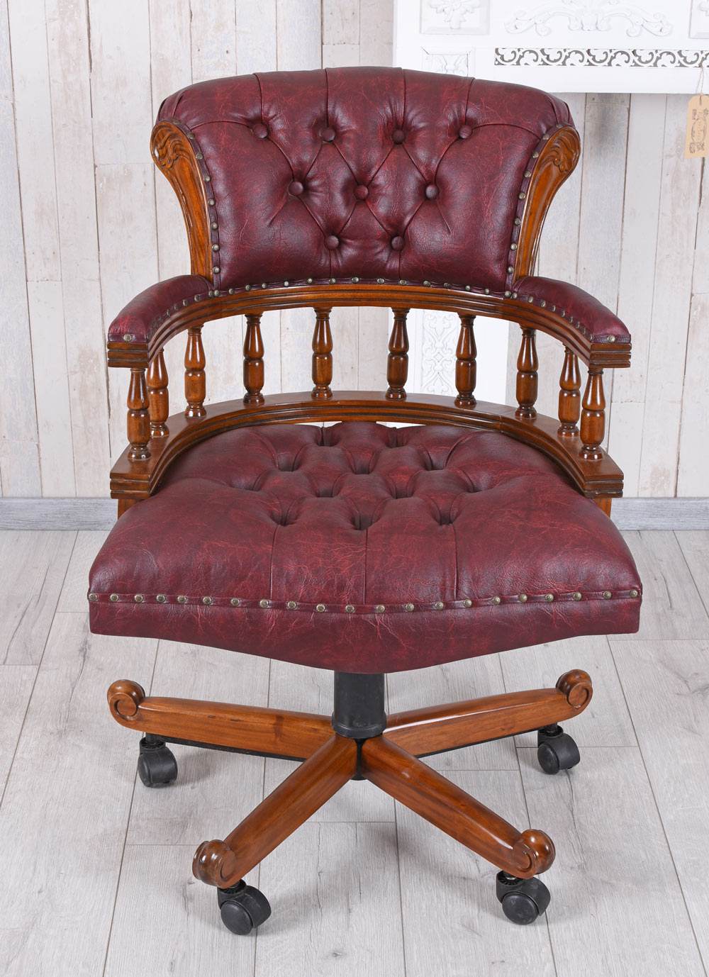 Englischer Chefsessel Bürostuhl Chesterfield Bürosessel Mahagoni Ledersessel - Palo24