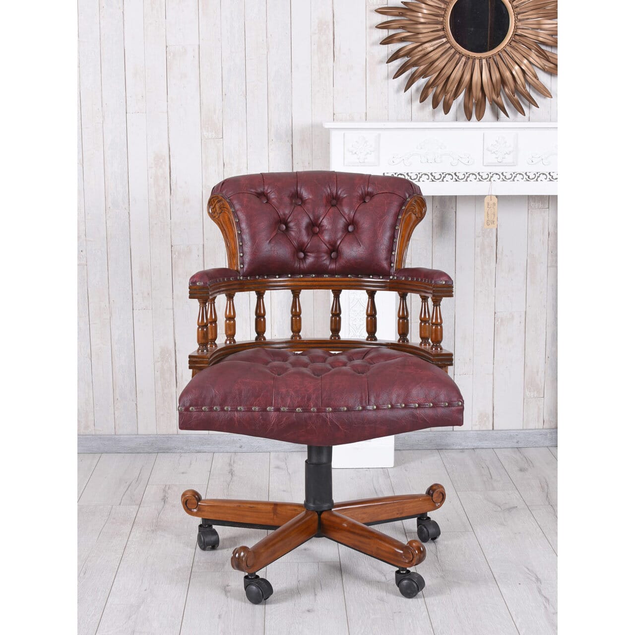 Englischer Chefsessel Bürostuhl Chesterfield Bürosessel Mahagoni Ledersessel - Palo24