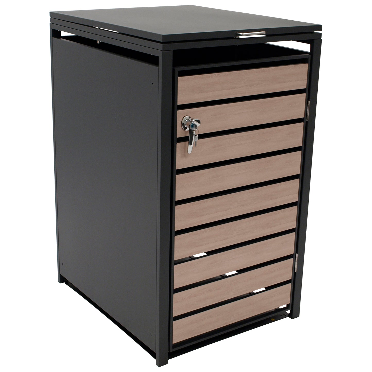 Contenitore per immondizia 66x80x116cm per bidoni da 120 e 240 litri, acciaio antracite con ante effetto legno