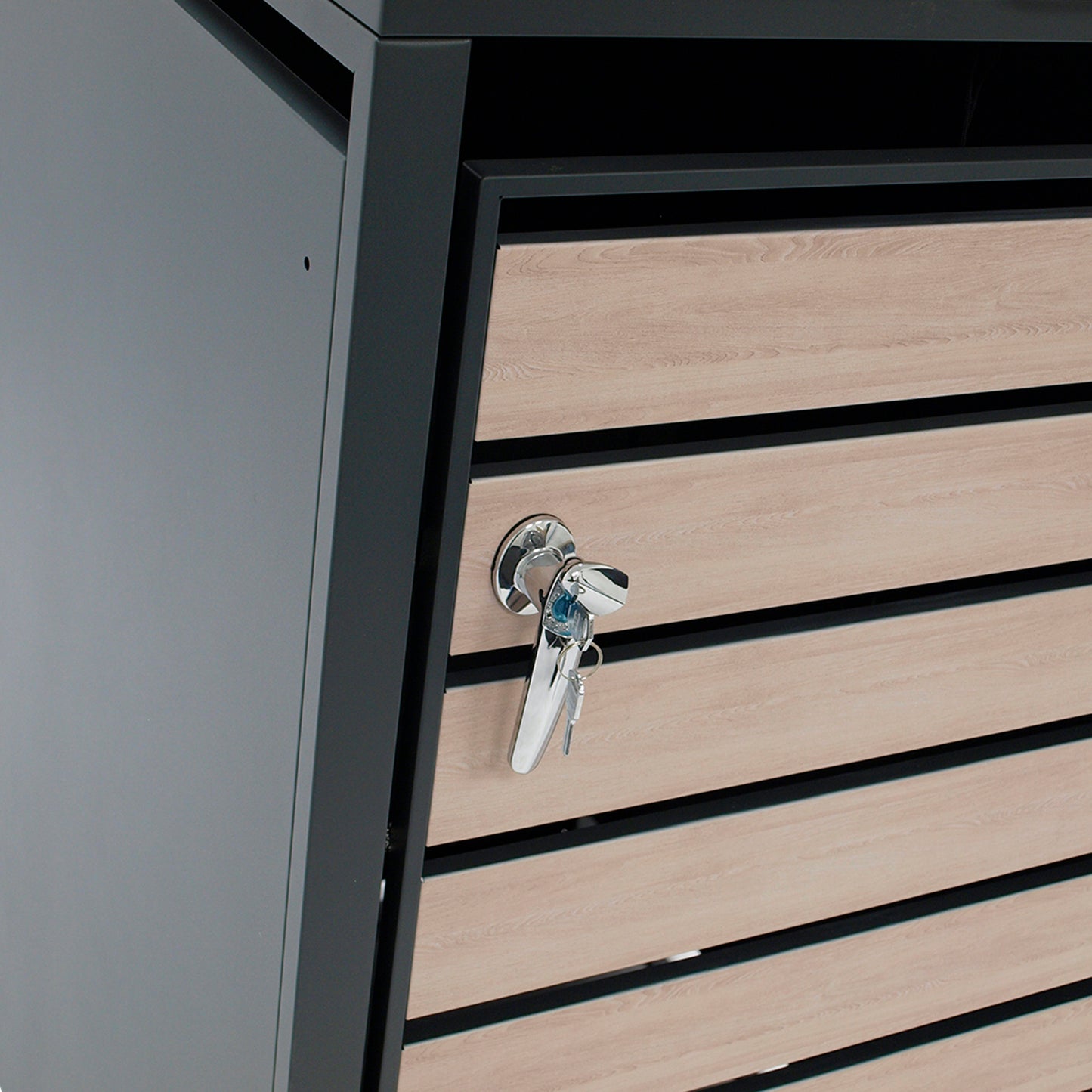 Contenitore per immondizia 66x80x116cm per bidoni da 120 e 240 litri, acciaio antracite con ante effetto legno