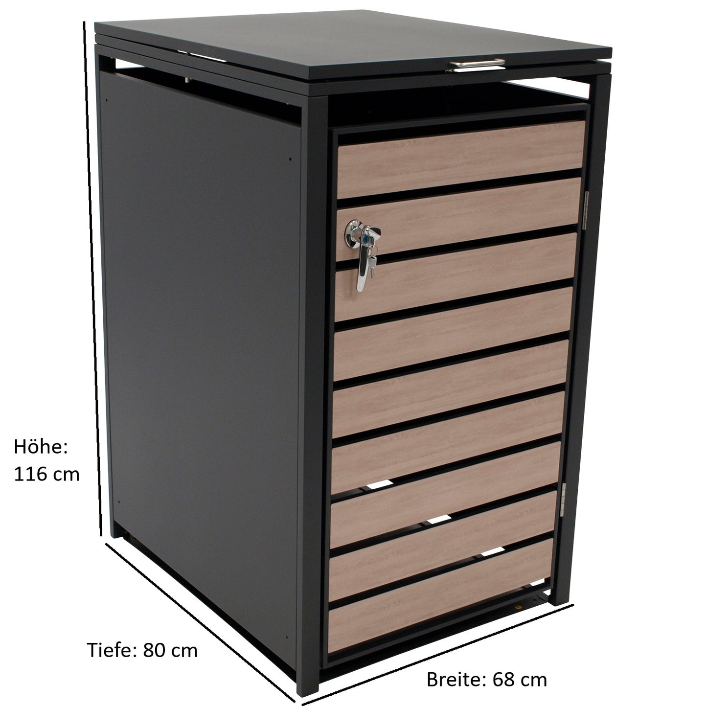 Contenitore per immondizia 66x80x116cm per bidoni da 120 e 240 litri, acciaio antracite con ante effetto legno