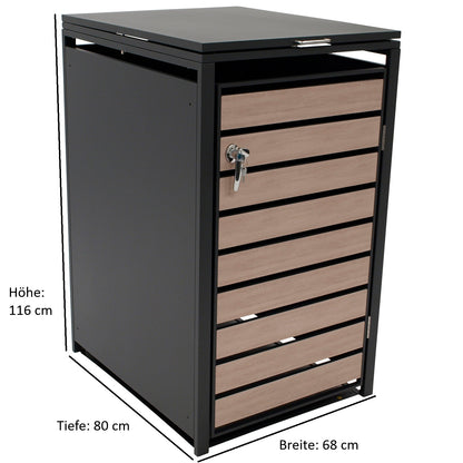Contenitore per immondizia 66x80x116cm per bidoni da 120 e 240 litri, acciaio antracite con ante effetto legno