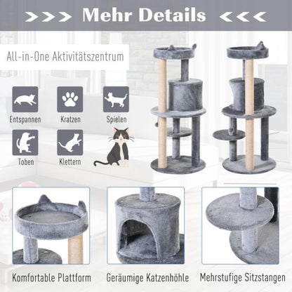 Katzenbaum 4-Stock Katzenhöhle mit Spielbällen Sitzstange Sisalsäule Sisal Plüsch Grau - Palo24