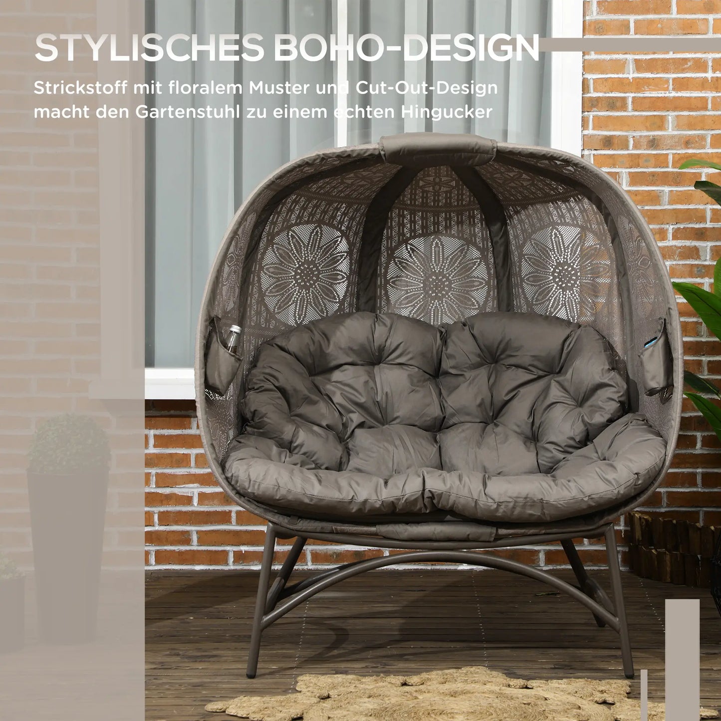 Gartenstuhl für 2 Personen, klappbar, großes Sitzkissen, Stahlrahmen, Farbe: Sand