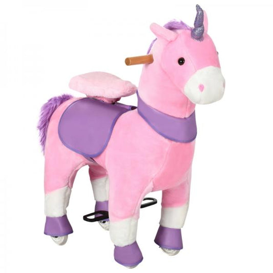 Schaukelpferd Einhorn 4 Rollen 2 Pedale gepolsterter Sattel Pink + Lila + Weiss