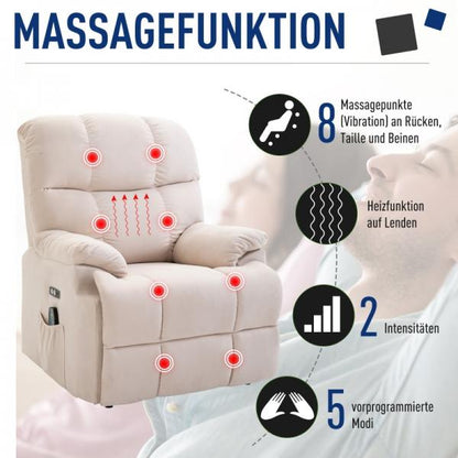 Fauteuil de massage avec fonction chauffante, aide à se lever, flanelle beige