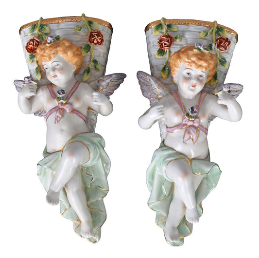 2x Wandfigur Engel Barock Tütenvasen Wandskulptur Antik Wandvase Porzellan