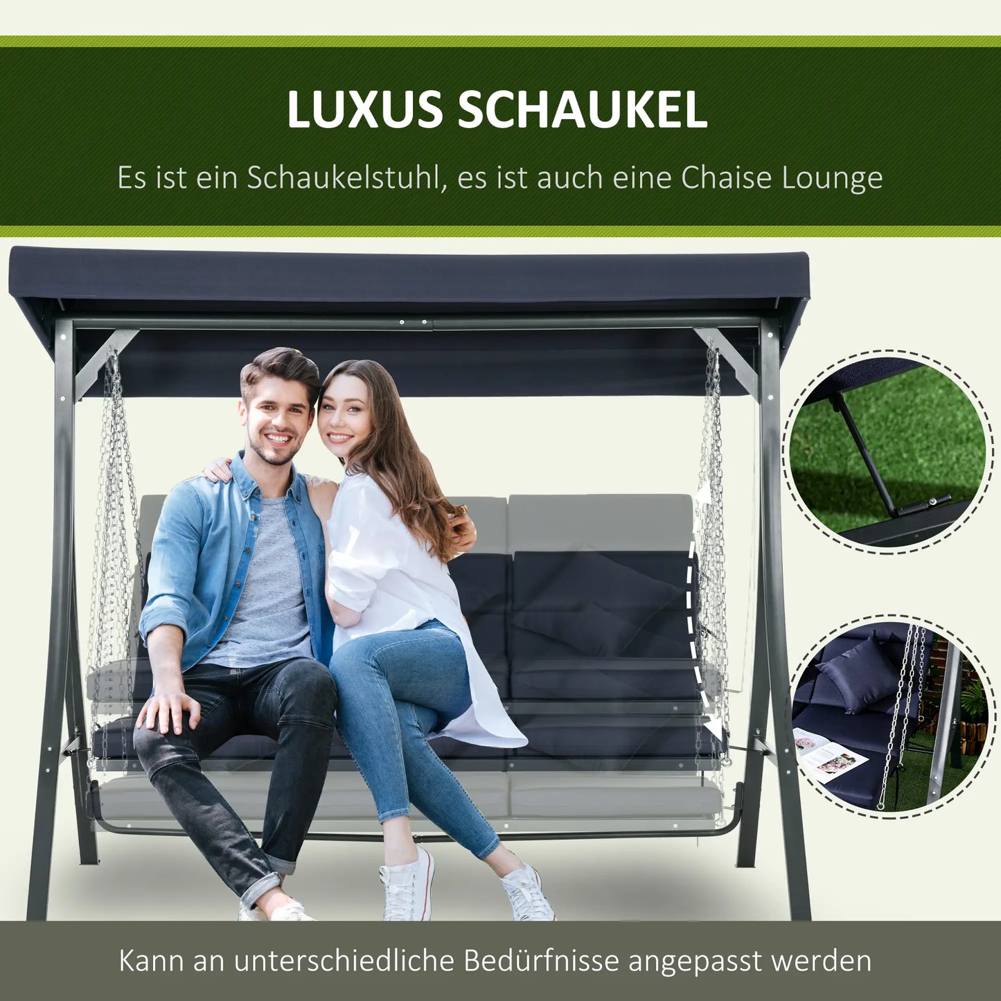 Hollywoodschaukel, für 3 Personen, verstellbares Sonnendach, bis 270 kg, dunkelblau