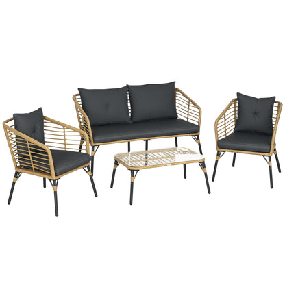 4-teilige Gartenmöbel-Set aus Rattan, Boho-Stil, Sitzgruppe Lounge Sand + Dunkelgrau