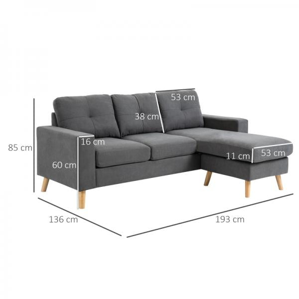 Ecksofa im Skandidesign, mit Knopfheftung, Massivholz, Leinenoptik, Grau - Palo24