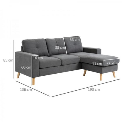 Ecksofa im Skandidesign, mit Knopfheftung, Massivholz, Leinenoptik, Grau - Palo24