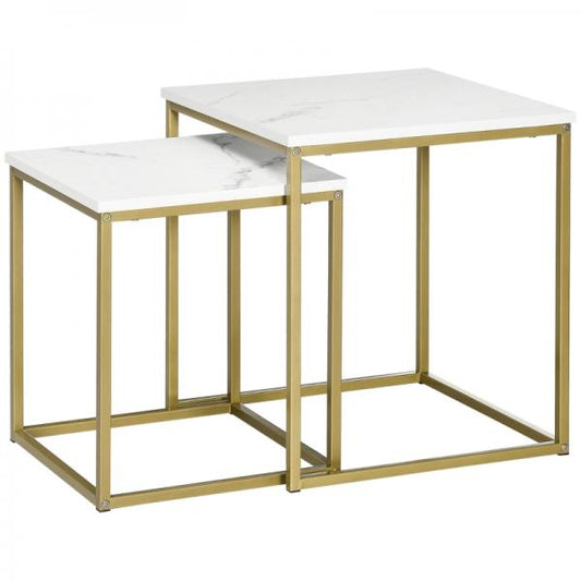 Ensemble de 2 tables d'appoint, tables d'appoint empilables, plateau aspect marbre, or + blanc