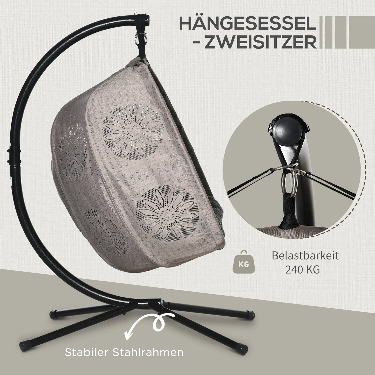 Hängesessel Hängekorb mit Gestell für 2 Personen faltbar Schwarz Sand