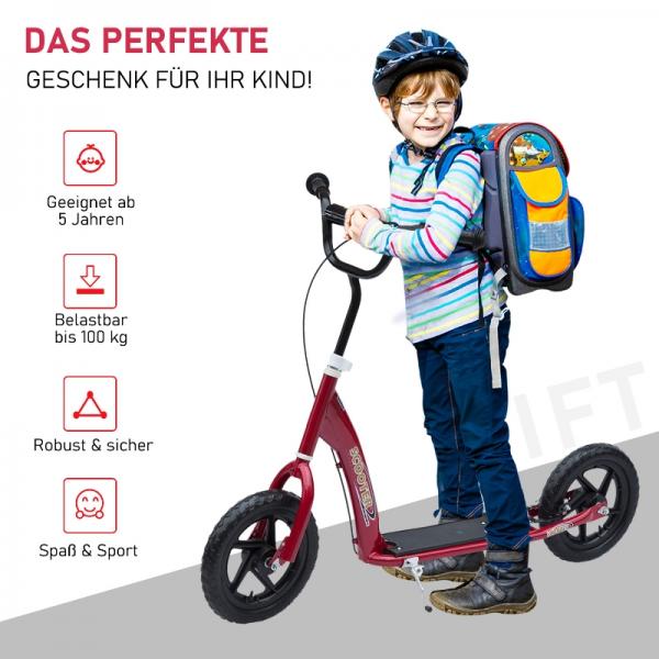 Kinderroller mit Hinterbremse Kickscooter 12 Zoll Tretroller Cityroller Kickboard Höhenverstellbar Stahl EVA Rot