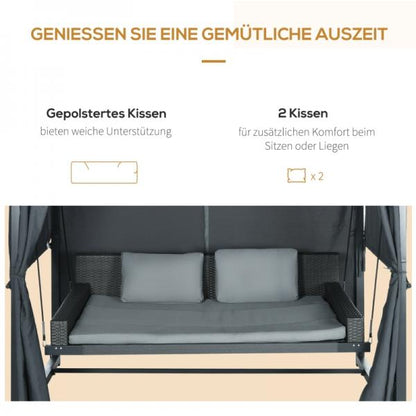 Outdoor-Schaukelbett aus PE-Rattan mit Baldachin, inkl. Kissen, wetterbeständig, Grau - Palo24