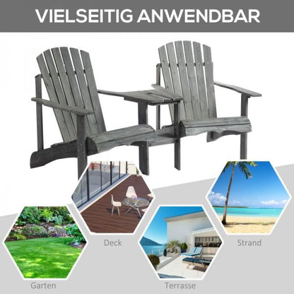 Adirondack Gartenstuhl mit Tisch und Schirmloch 2 Sitzer Gartensessel Sitzgruppe Massivholz Grau