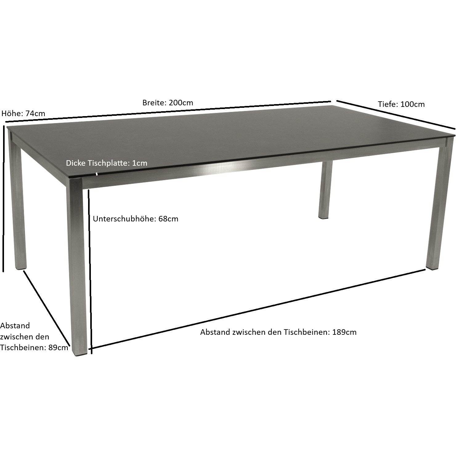 Tisch SYDNEY 200x100cm, Edelstahl gebürstet + Glas in 3D Keramik anthrazit - Palo24