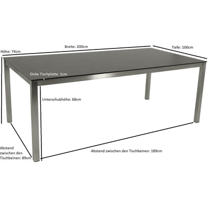 Tisch SYDNEY 200x100cm, Edelstahl gebürstet + Glas in 3D Keramik anthrazit - Palo24