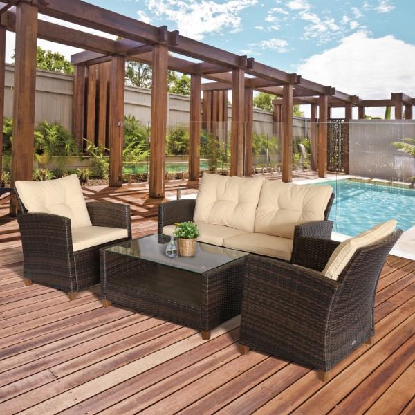 Set di mobili da giardino, 4 pezzi, 3 divani, tavolino, cuscini di seduta, struttura in alluminio, rattan artificiale, beige